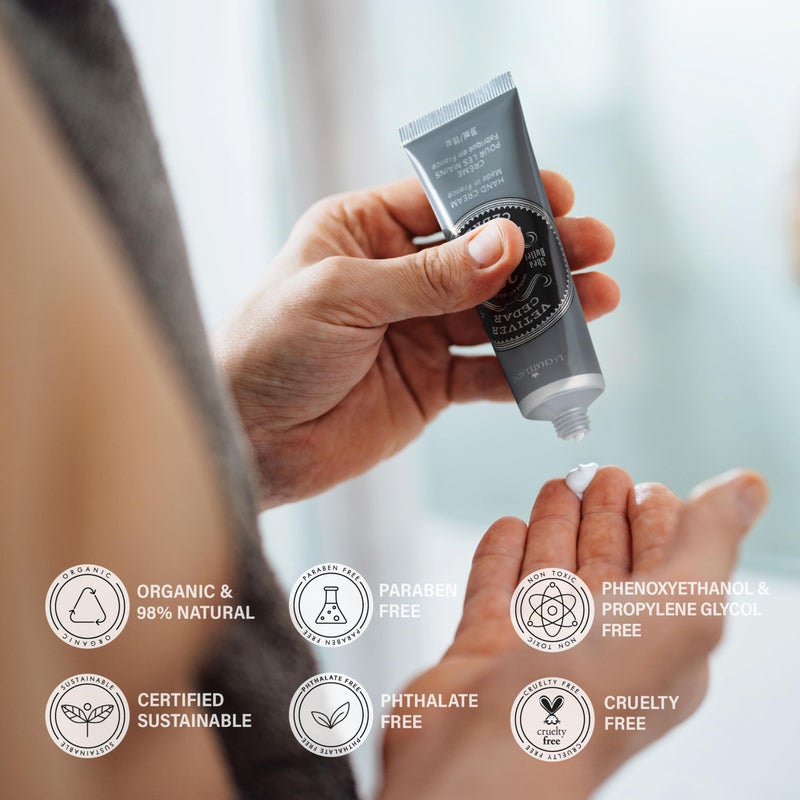 La Chatelaine 20% Shea Butter Hand Cream Travel Size, Men, Unisex, Organic Argan Oil, Moisturizing, Nourishing, Extra-Rich Hand Lotion, Made in France, Paraben Free, 1 oz / 30ml (Vetiver Cedar) - Image 3