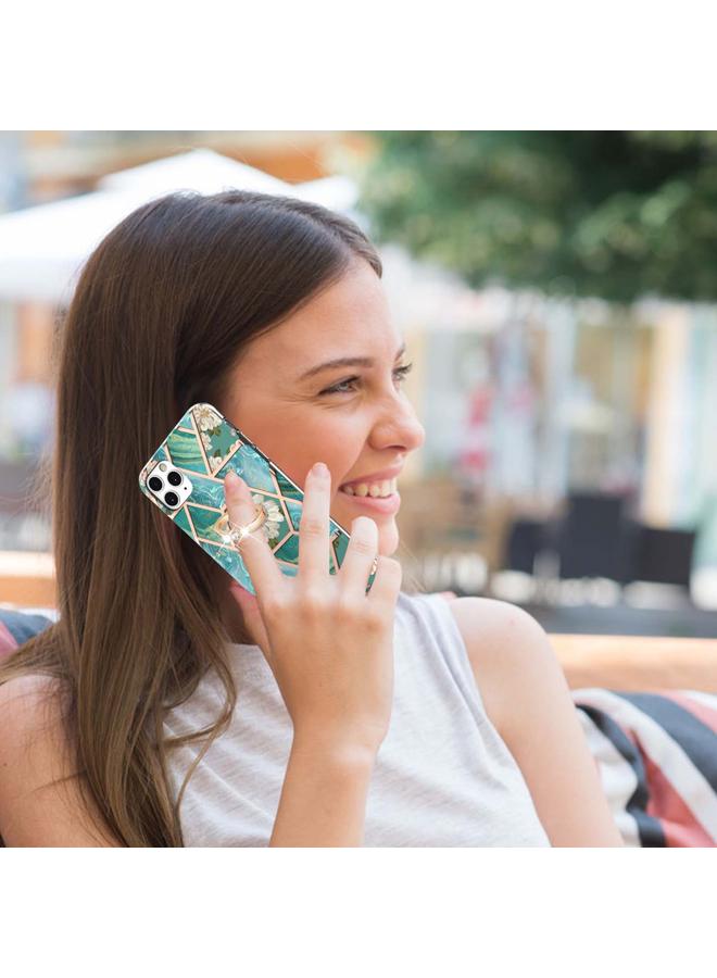 زبون جراب لهاتف iPhone 11 Pro Max مصنوع من مادة TPU المقاومة للصدمات بتصميم زهور رخامية مطلية بالكهرباء مع حامل حلقي من حجر الراين - Image 4