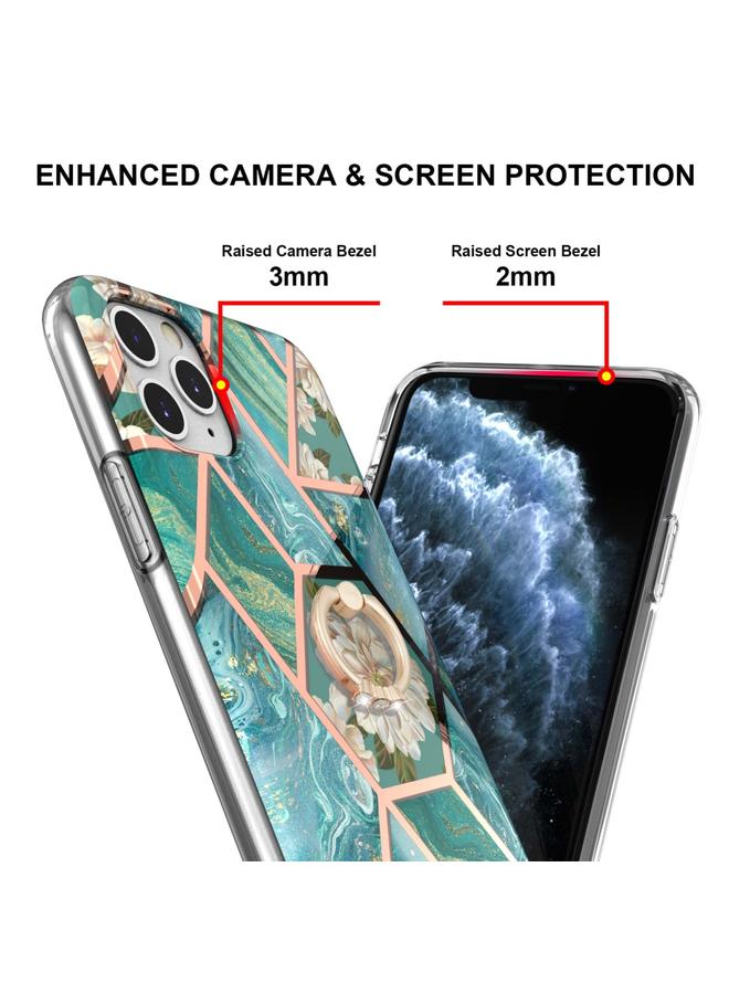 زبون جراب لهاتف iPhone 11 Pro Max مصنوع من مادة TPU المقاومة للصدمات بتصميم زهور رخامية مطلية بالكهرباء مع حامل حلقي من حجر الراين - Image 3