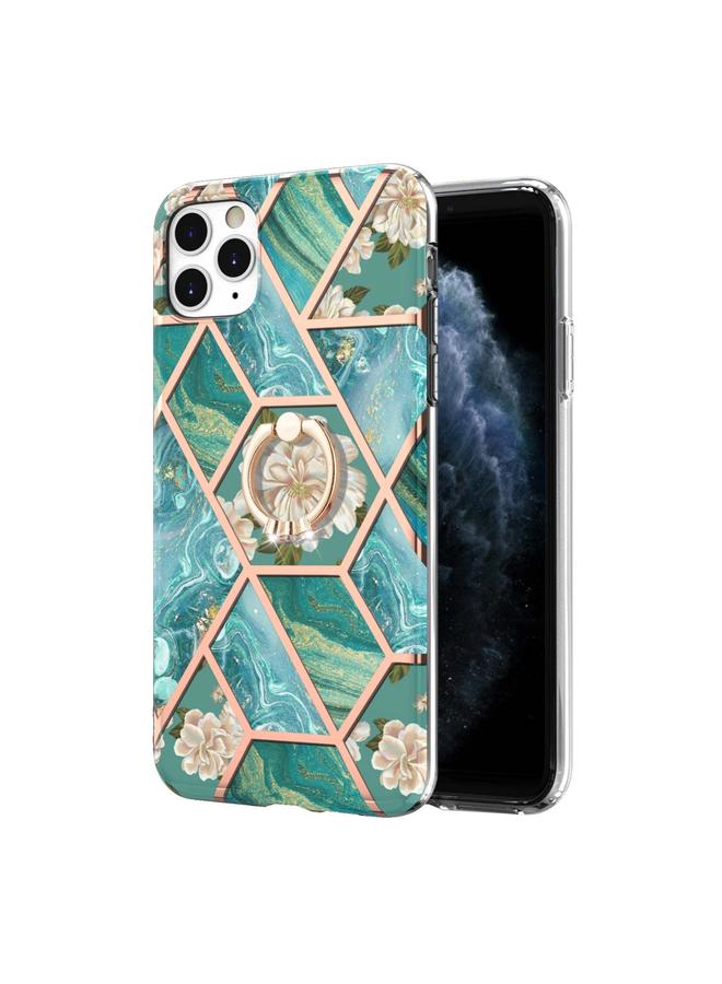 زبون جراب لهاتف iPhone 11 Pro Max مصنوع من مادة TPU المقاومة للصدمات بتصميم زهور رخامية مطلية بالكهرباء مع حامل حلقي من حجر الراين - Image 2