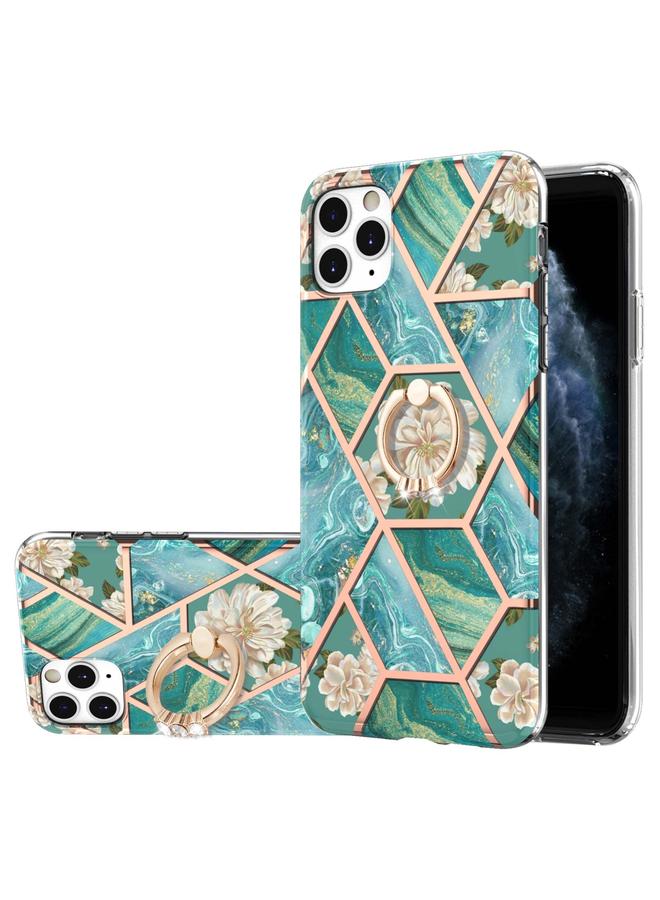 زبون جراب لهاتف iPhone 11 Pro Max مصنوع من مادة TPU المقاومة للصدمات بتصميم زهور رخامية مطلية بالكهرباء مع حامل حلقي من حجر الراين - Image 1