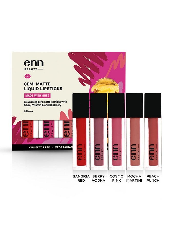 ENN Long Lasting Semi Matte Liquid Lipsticks With 12 Hour Coverage Transferproof Highly Pigmented Goodness Of Natural Ingredients With Intense Color Compact (Pack Of 5) - Image 1