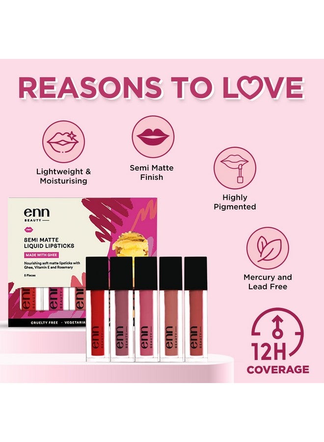 ENN Long Lasting Semi Matte Liquid Lipsticks With 12 Hour Coverage Transferproof Highly Pigmented Goodness Of Natural Ingredients With Intense Color Compact (Pack Of 5) - Image 4