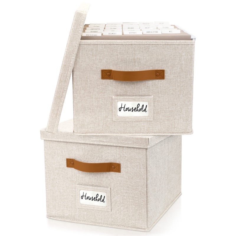 ZICOTO Decorative File Organizer Box Set of 2 - Collapsible Linen Filing Cabinets w/Handles Are Perfect to Store all Your Documents & Hanging File Folders - Portable Easy Slide Crates with Lid - Image 1