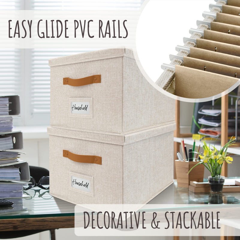 ZICOTO Decorative File Organizer Box Set of 2 - Collapsible Linen Filing Cabinets w/Handles Are Perfect to Store all Your Documents & Hanging File Folders - Portable Easy Slide Crates with Lid - Image 4