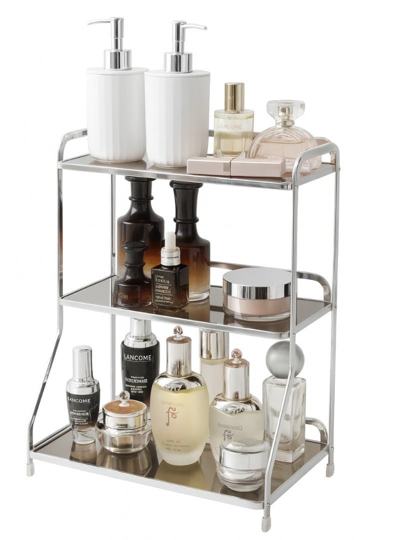 طلال رف منظم حمام فضي بثلاث طبقات - رف معدني لتخزين مستحضرات التجميل والعناية بالبشرة، مناسب للحمام وغرفة النوم | حامل منظم للعطور، ومستحضرات التجميل، والأمصال، واللوشن، ومنتجات التجميل - Image 1