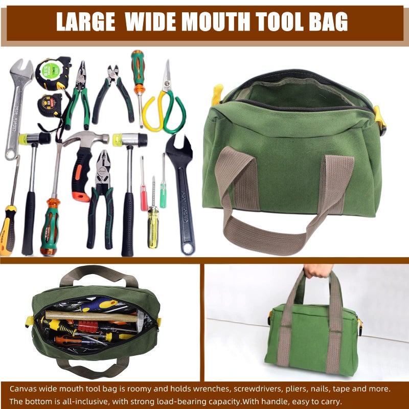 BLIRITEL 12 Inch Wide Mouth Tool Bag, Heavy Duty Canvas Tool Storage Bag, Large Capacity Handbag, Multi-function Tool Organizer Tote Bag for Storage Wrenches Pliers (Green, 12 Inch) - Image 5