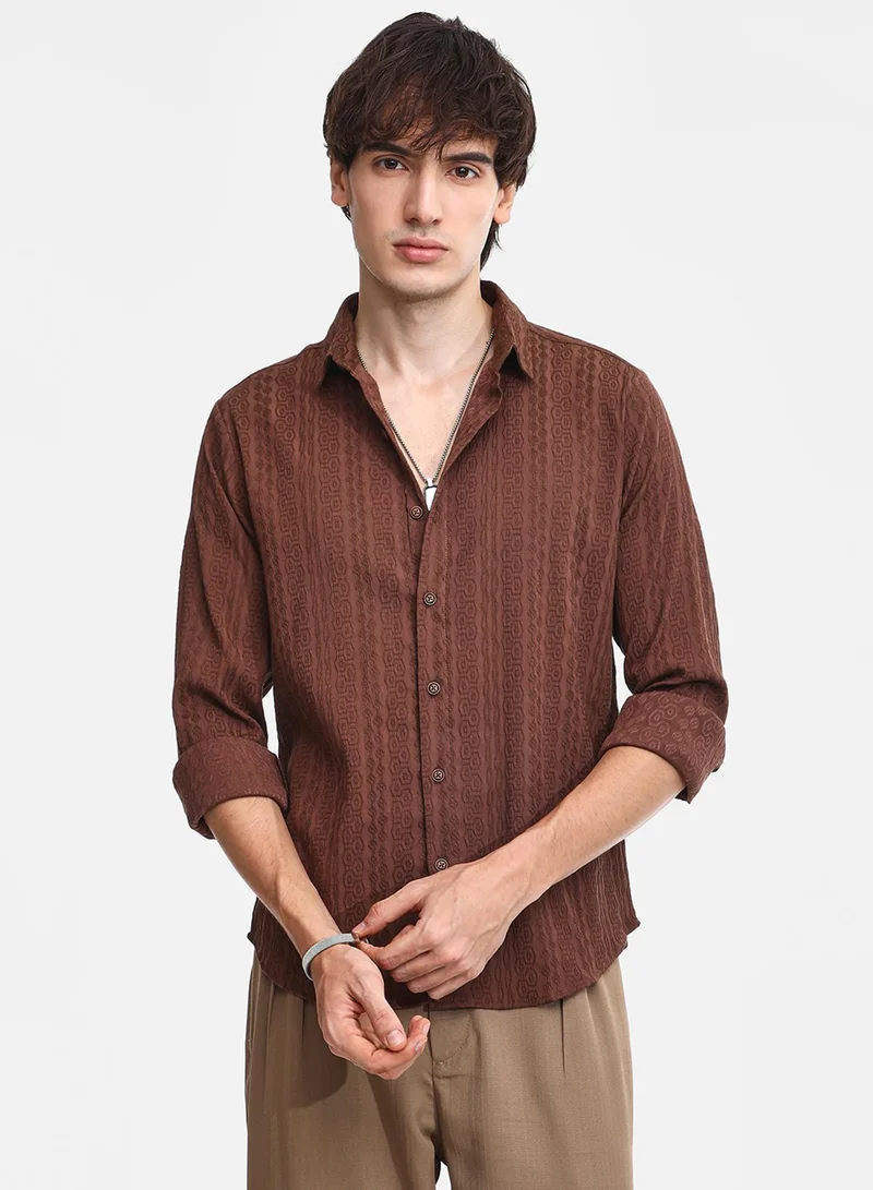 Campus Sutra Men's Chocolate Brown Geometric-Textured Knit Shirt For Casual Wear | Spread Collar | Long Sleeve | Button Closure | Shirt Crafted With Comfort Fit For Everyday Wear