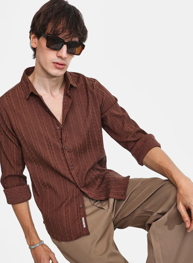 Campus Sutra Men's Chocolate Brown Geometric-Textured Knit Shirt For Casual Wear | Spread Collar | Long Sleeve | Button Closure | Shirt Crafted With Comfort Fit For Everyday Wear