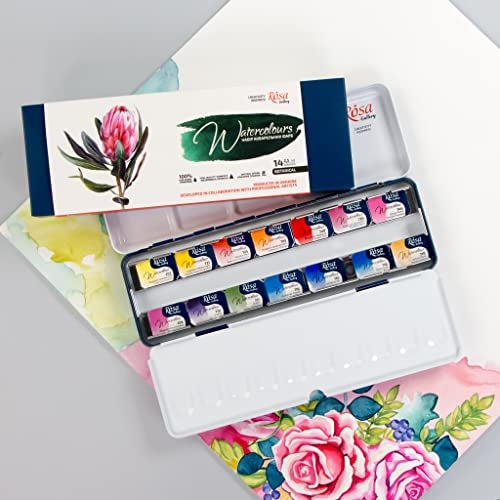 ROSA Gallery Watercolor Paint Set Botanical Unique Palette, Full Pans 2.5ml, Metal Case, Extra Fine Professional Watercolours (14 Full Pans) - Image 1