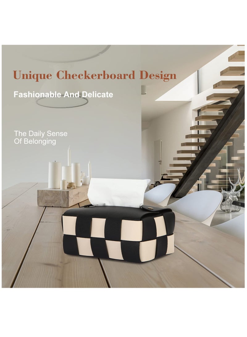 Excefore Tissue Box Cover, Rectangular Tissue Box Holder, Modern PU Leather, Stylish Checkerboard For Living Room, Decorative Shelf, Bathroom Counter Top, Bedside Table, Desk, Black - Image 2