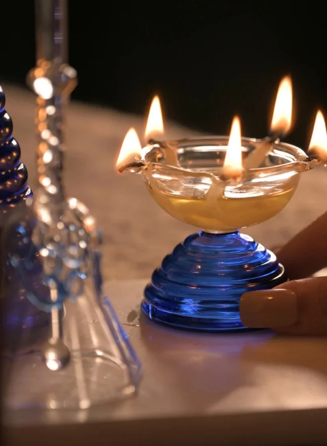 Muun Home Short Diya Set with Glass Bell for Decor and Rituals - Blue Color