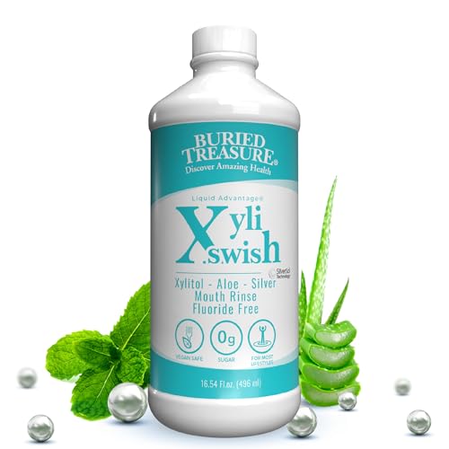 Buried Treasure Xyli Swish - All Natural Formulated Nano Silver, Xylitol & Aloe Mouthwash - Alcohol and Fluoride Free - Oral Rinse to Fight Bad Breath & Dry Mouth - Peppermint Flavor - 16oz.