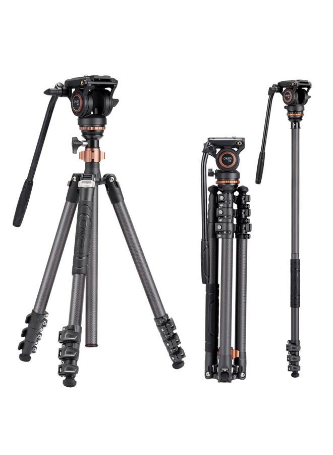 Cayer CF2451 67 Inch Carbon Fiber Video Tripod with Fluid Drag Head, Compact 4 Section DSLR Tripod Converts to Monopod for Canon Nikon Sony DSLR Camera - Image 1