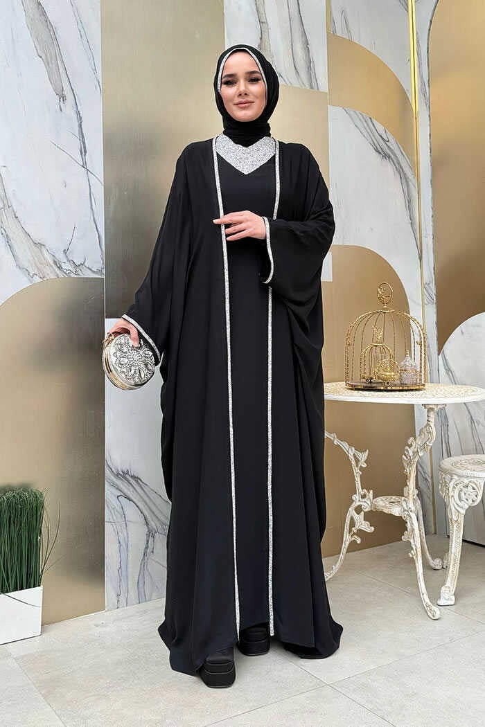 Bym Fashion Stone Embroidery Detail Dress Cape Suit 8496 Black  - Image 1