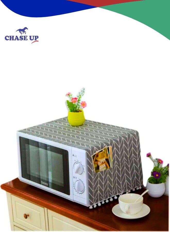 Chase Up Microwave Dust Cover with 4 Side Storage Bags - Oil Proof Cotton Linen Kitchen Appliance Cover for Toaster Oven - Decorative Dustproof Protector (Gray Triangle Pattern) - Image 1