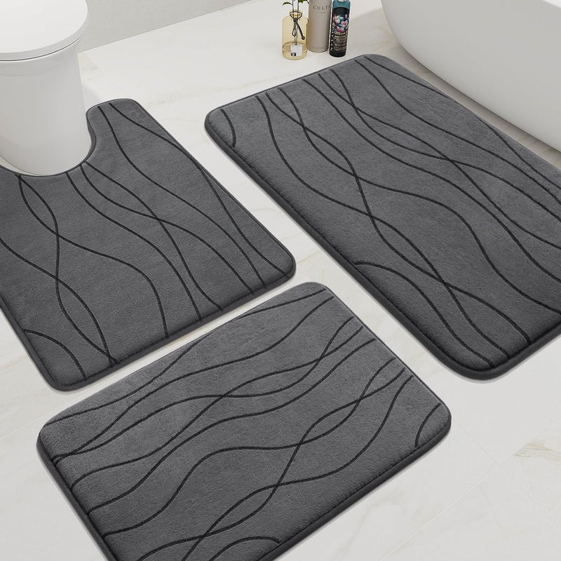 YIHOUSE Memory Foam Bathroom Rug Set 3 Pieces Dark Grey Ultra Soft Absorbent NonSlip Machine Washable - Image 2