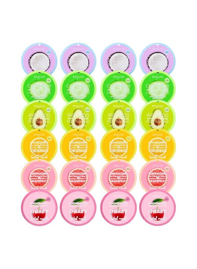 SpaLife Beauty Fruit Facial Sheet Masks 24 Pack – Face Masks Skincare Set – Hydrating Face Masks – 6 Natural Fruit Extract Formulas – Orange, Grapefruit, Coconut, Cherry, Avodcado, Cucumber - Image 1