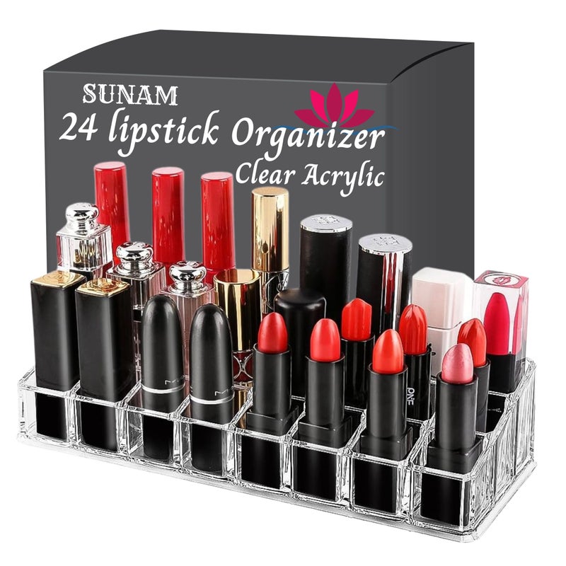 SUNAM Acrylic Lipstick Organizer 24 Compartment Transparent Grid Holder Stand Tray Organiser For Women Lipsticks Storage Cosmetic Display Case, Cosmetics - Image 1