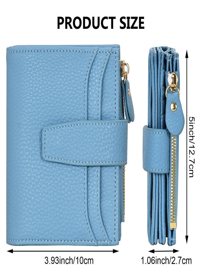 oscaurt Small Wallet Women RFID Blocking Bifold Compact Credit Card Holder Leather Wallets for Women with Zipper Coin Pocket and 2 ID Window, Blue, Minimalist - Image 3