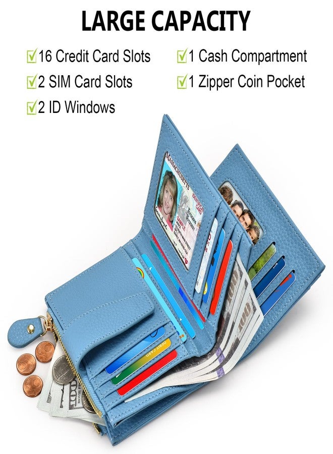 oscaurt Small Wallet Women RFID Blocking Bifold Compact Credit Card Holder Leather Wallets for Women with Zipper Coin Pocket and 2 ID Window, Blue, Minimalist - Image 2
