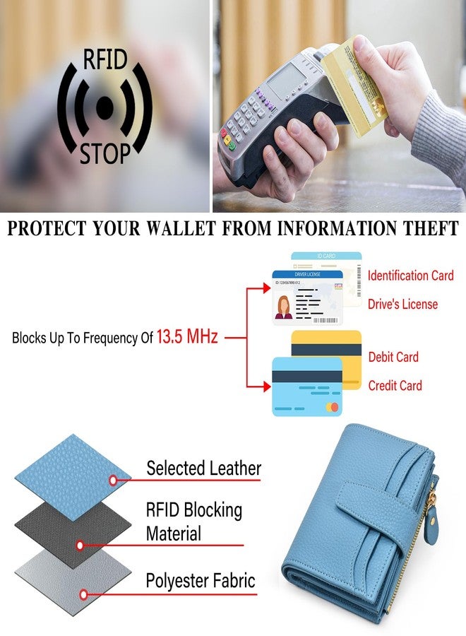 oscaurt Small Wallet Women RFID Blocking Bifold Compact Credit Card Holder Leather Wallets for Women with Zipper Coin Pocket and 2 ID Window, Blue, Minimalist - Image 4