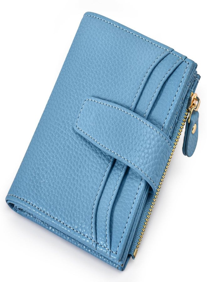 oscaurt Small Wallet Women RFID Blocking Bifold Compact Credit Card Holder Leather Wallets for Women with Zipper Coin Pocket and 2 ID Window, Blue, Minimalist - Image 1