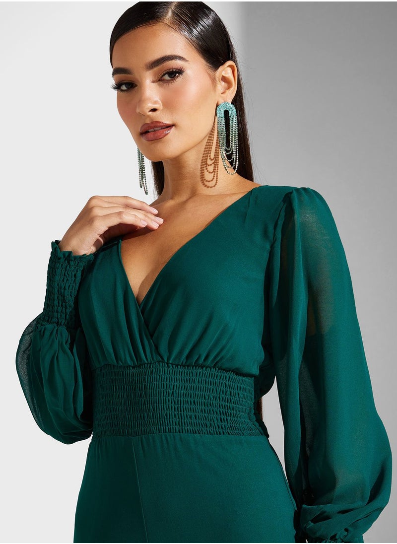 Goddiva - Tie Detail Surplice Neck Balloon Sleeve Jumpsuit - Image 1