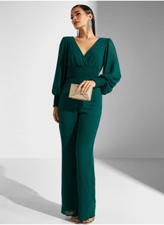 Tie Detail Surplice Neck Balloon Sleeve Jumpsuit