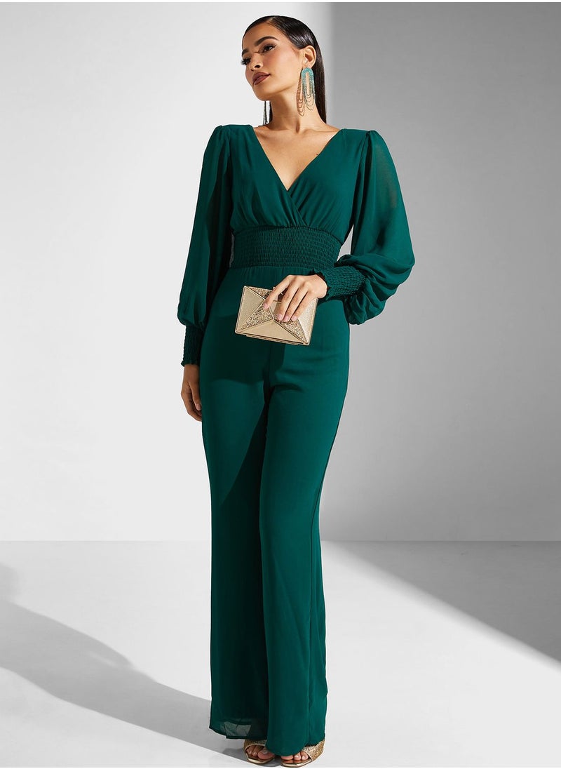 Goddiva - Tie Detail Surplice Neck Balloon Sleeve Jumpsuit - Image 1