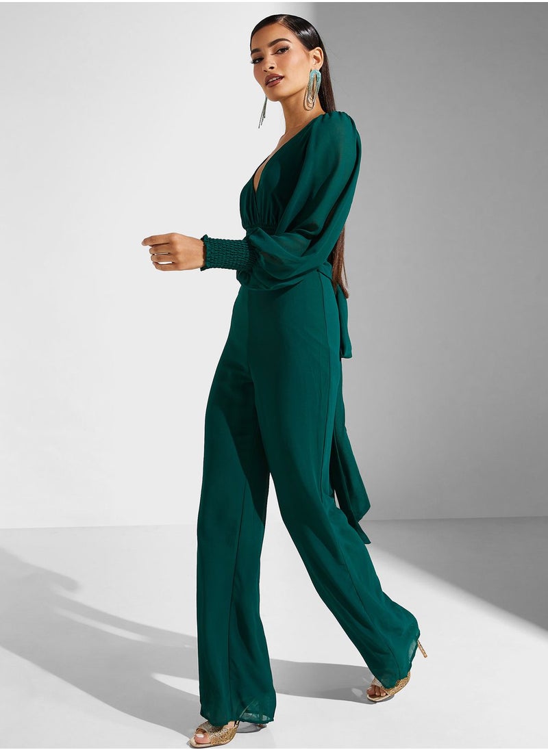 Goddiva - Tie Detail Surplice Neck Balloon Sleeve Jumpsuit - Image 1