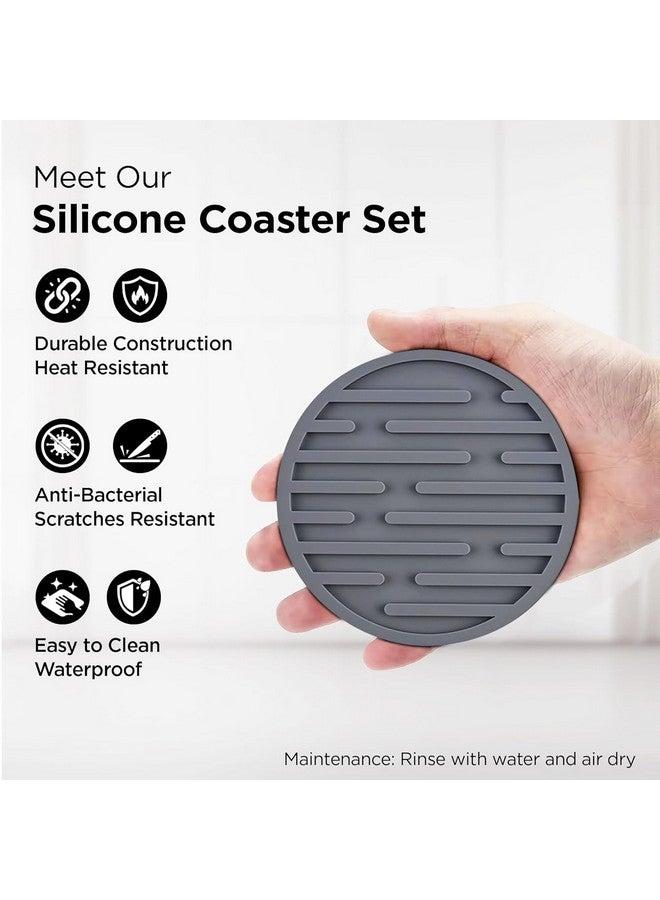 Kuber Industries Kuber Industries 6 Pcs Anti-Skid Tea Coaster with Holder - Silicone Round Tea Cup & Water Glass Cover Top Lid for Teapoy - Grey  - Image 4