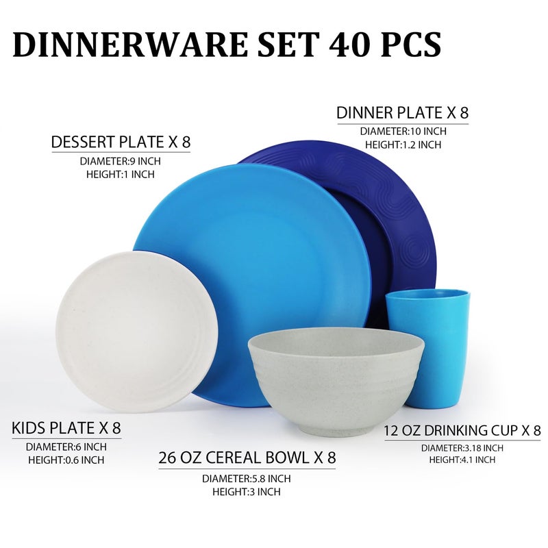 Perlapoc Dinnerware Set 40 PCS Wheat Straw Dishes Set - Service for 8 Unbreakable Plastic Dish Set Microwave Safe Plates and Bowls Sets Lightweight Cups Sets Outdoor Dishes - Island Colors - Image 2