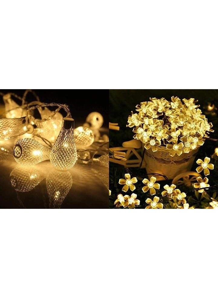 Generic Crystal Zone Combo of 16 LED Big Metal Rain Drop Shape Decorative LED Fairy String Starry Lights and 16 LED 4 Meter Silicone Blooming Flower Fairy String Lights Pack of 2  - Image 1