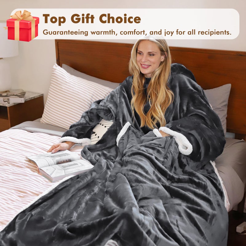 Tirrinia Sherpa Hood Wearable Blanket for Adult Women and Men, Super Soft Comfy Warm Plush Throw with Sleeves TV Blanket Wrap Robe Hoodie Cover for Lounge Chair Couch 72" x 55" Grey - Image 3