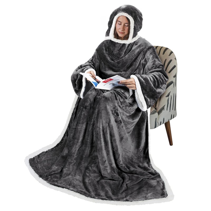 Tirrinia Sherpa Hood Wearable Blanket for Adult Women and Men, Super Soft Comfy Warm Plush Throw with Sleeves TV Blanket Wrap Robe Hoodie Cover for Lounge Chair Couch 72" x 55" Grey - Image 1