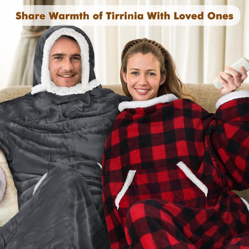 Tirrinia Sherpa Hood Wearable Blanket for Adult Women and Men, Super Soft Comfy Warm Plush Throw with Sleeves TV Blanket Wrap Robe Hoodie Cover for Lounge Chair Couch 72" x 55" Grey - Image 5