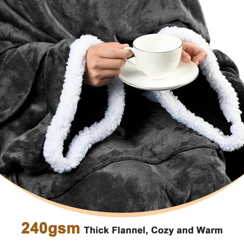 Tirrinia Sherpa Hood Wearable Blanket for Adult Women and Men, Super Soft Comfy Warm Plush Throw with Sleeves TV Blanket Wrap Robe Hoodie Cover for Lounge Chair Couch 72" x 55" Grey - Image 4