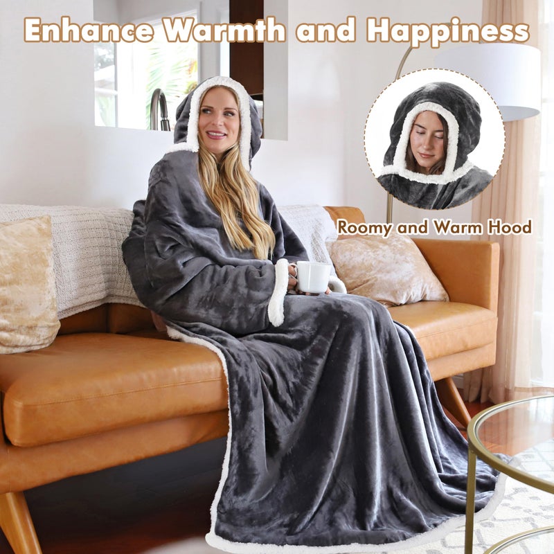 Tirrinia Sherpa Hood Wearable Blanket for Adult Women and Men, Super Soft Comfy Warm Plush Throw with Sleeves TV Blanket Wrap Robe Hoodie Cover for Lounge Chair Couch 72" x 55" Grey - Image 2