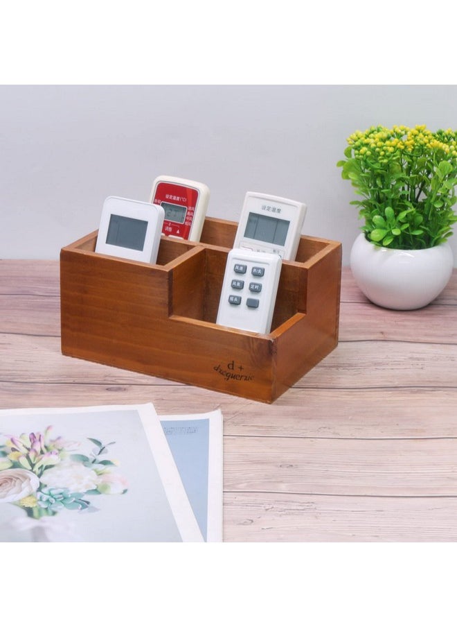 Coideal Wood Remote Control Holder - Wooden Desktop Storage Organizer Caddy For Desk, Office Supplies, Home, End Table (Vintage Wooden Color, 3 Compartments)  - Image 2