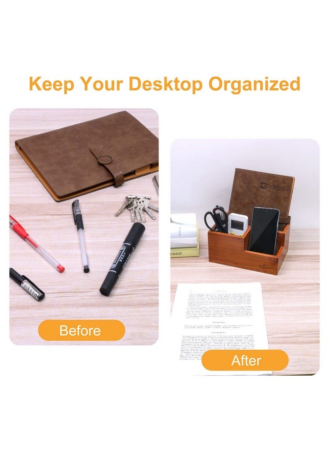 Coideal Wood Remote Control Holder - Wooden Desktop Storage Organizer Caddy For Desk, Office Supplies, Home, End Table (Vintage Wooden Color, 3 Compartments)  - Image 5