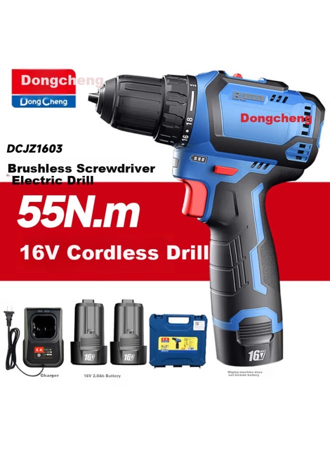 DONG Cheng Dongcheng 16v Brushless Electric Drill, Dual 2.0ah Batteries, Household Rechargeable Electric Screwdriver, Lithium Battery, Dcjz1603e - Image 1