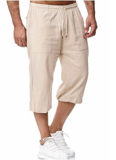 Mens Linen Shorts 3/4 Length Pants Summer Trousers Beach Yoga Joggers Casual Sweatpants Khaki