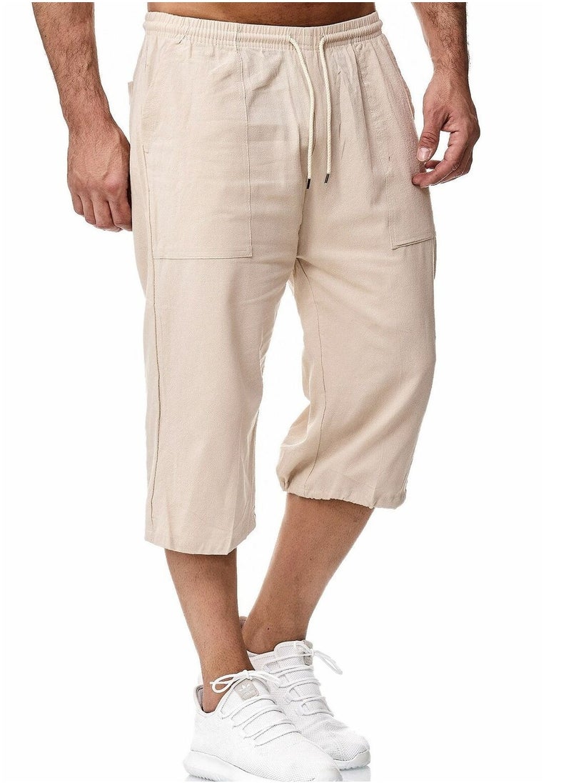 Generic - Mens Linen Shorts 3/4 Length Pants Summer Trousers Beach Yoga Joggers Casual Sweatpants Khaki - Image 1