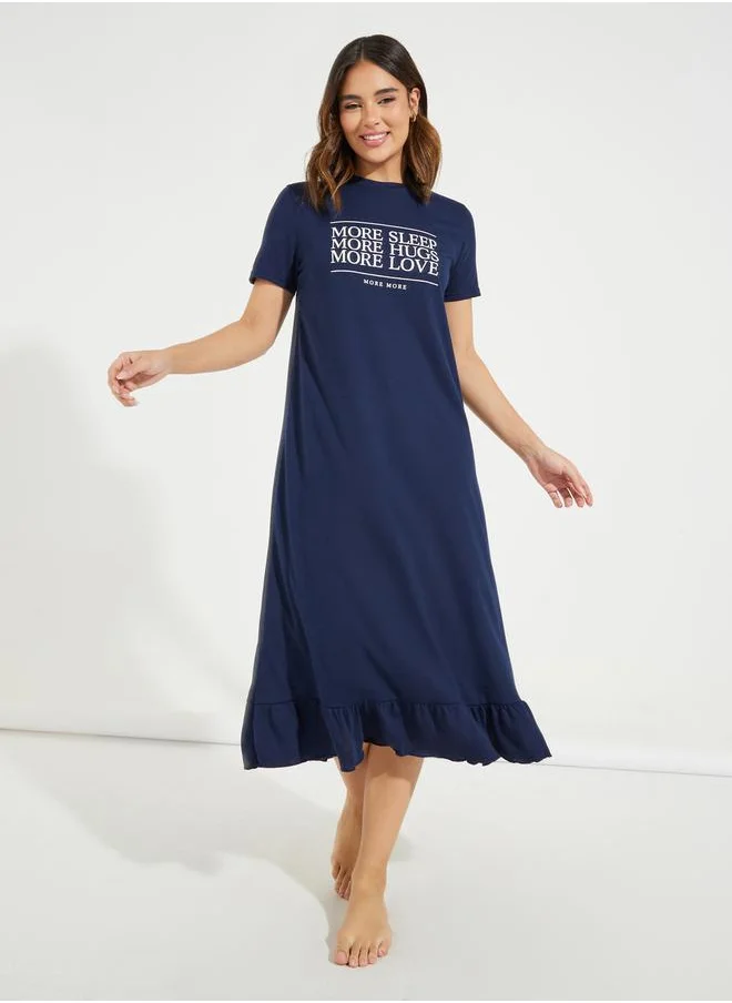 Styli More Sleep Slogan Ruffle Hem Sleep T-Shirt Dress