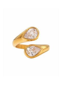KAAF CREATIONS 18K Gold Plated Stainless Steel, Double Crystal Teardrop Ring, Adjustable  - Image 1