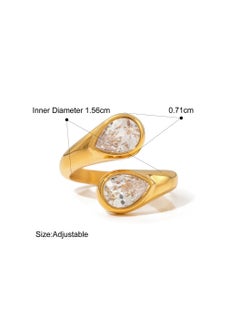 KAAF CREATIONS 18K Gold Plated Stainless Steel, Double Crystal Teardrop Ring, Adjustable  - Image 2