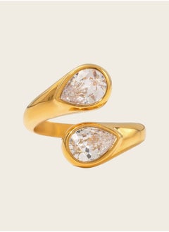 KAAF CREATIONS 18K Gold Plated Stainless Steel, Double Crystal Teardrop Ring, Adjustable  - Image 3