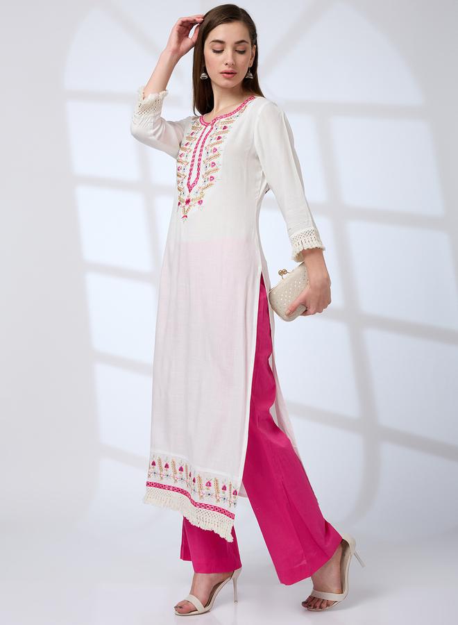 globus Floral Embroidered Yoke Crochet Detail Straight Festive Kurta - Image 1