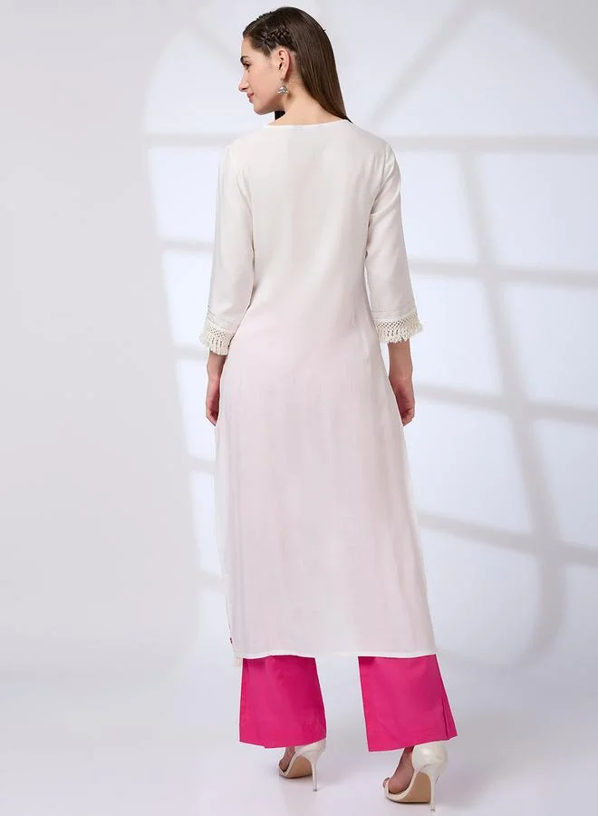 globus Floral Embroidered Yoke Crochet Detail Straight Festive Kurta